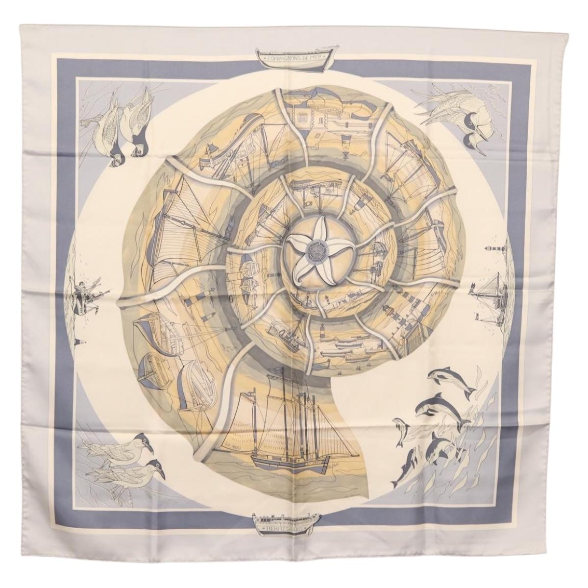HERMES Carre 90 Scarf ""COMPAGNONS DE MER"" Silk Light Blue Auth SW1687