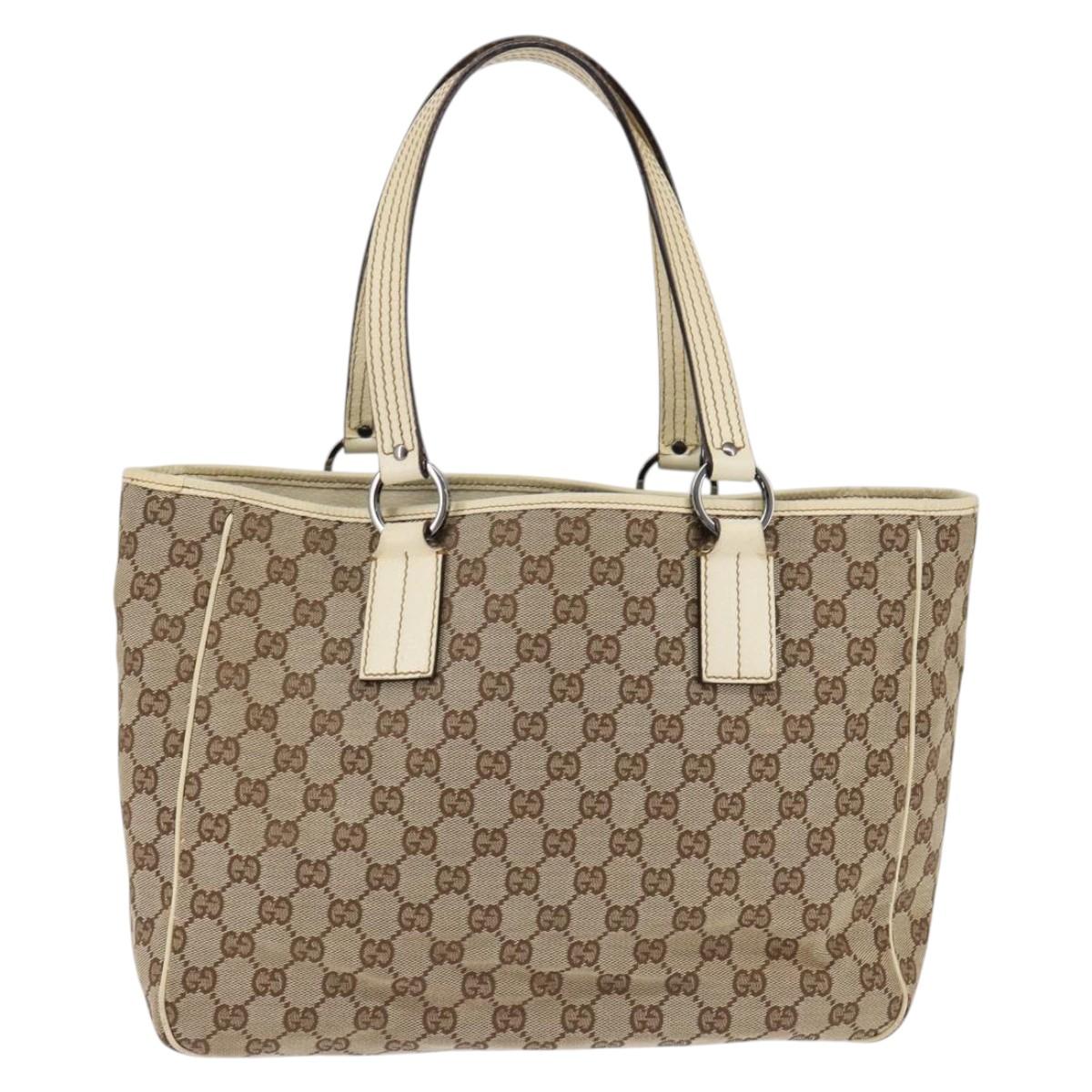 GUCCI GG Canvas Tote Bag Beige Silver 113017 Auth SW1705