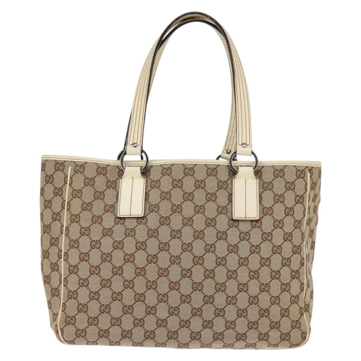 GUCCI GG Canvas Tote Bag Beige Silver 113017 Auth SW1705