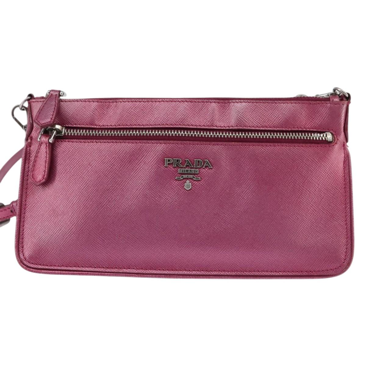 PRADA Shoulder Bag Safiano leather Pink Silver Auth SW1708