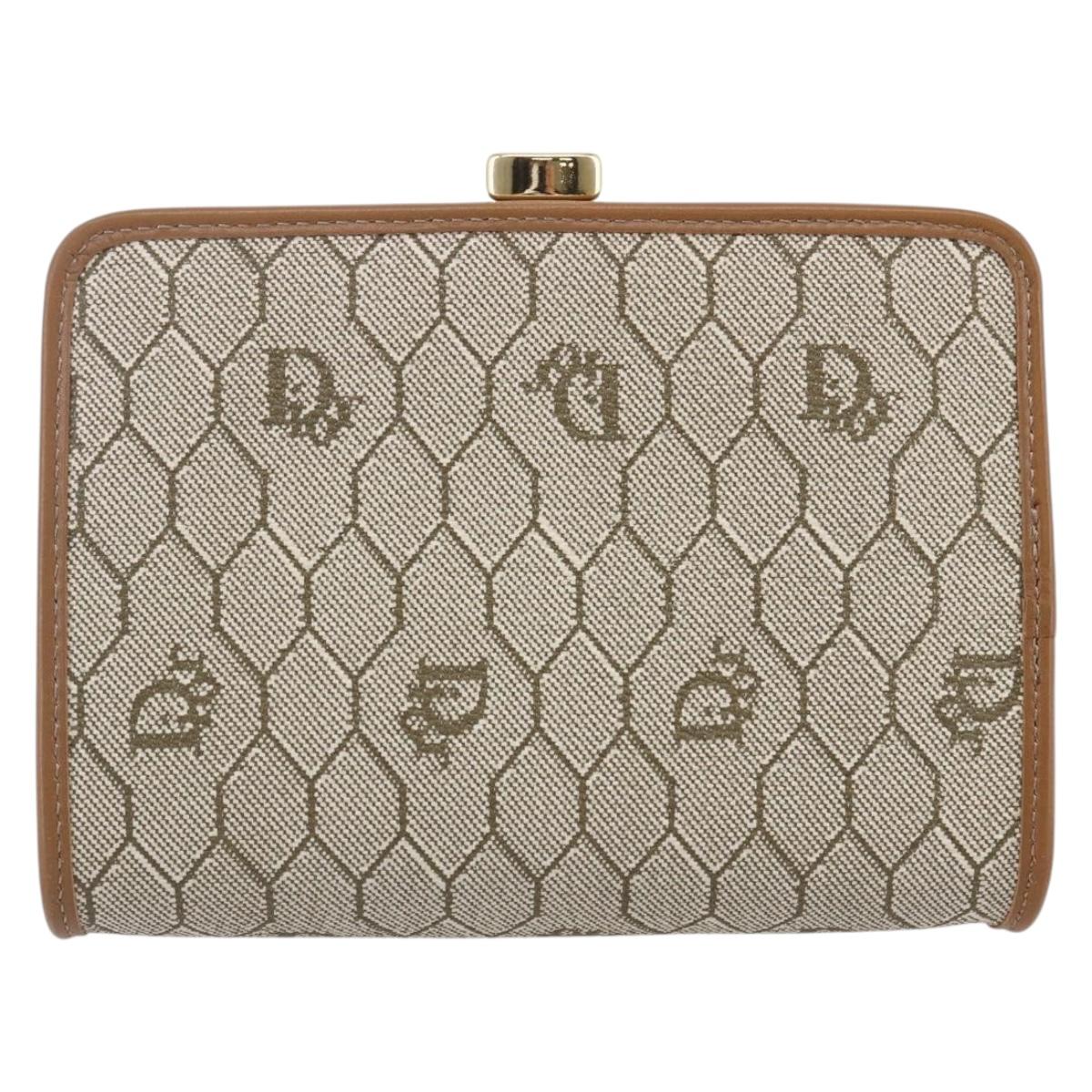 Christian Dior Honeycomb Canvas Pouch PVC Beige Gold Auth SW1719