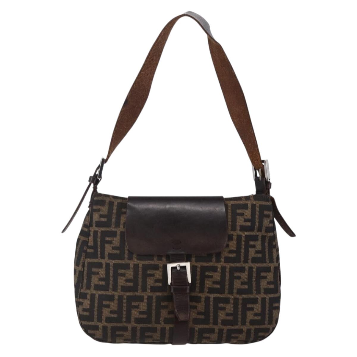 FENDI Zucca Canvas Mamma Baguette Shoulder Bag Black Brown Silver Auth SW1723