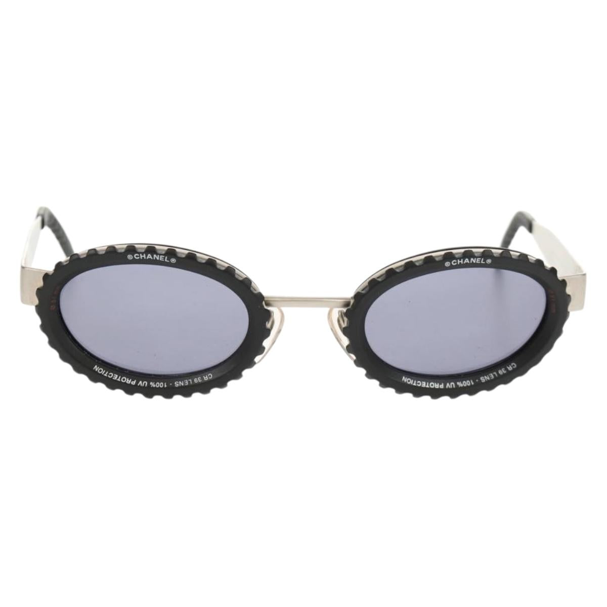 CHANEL 31 RUE CAMBON Sunglasses Metal Silver Black 10506 90405 CC Auth SW1746V