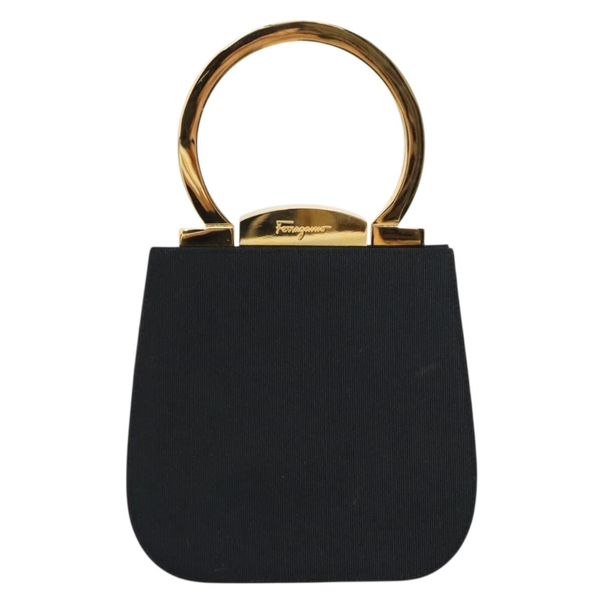 Salvatore Ferragamo Gancini Hand Bag Nylon Black Gold Auth SW1751V
