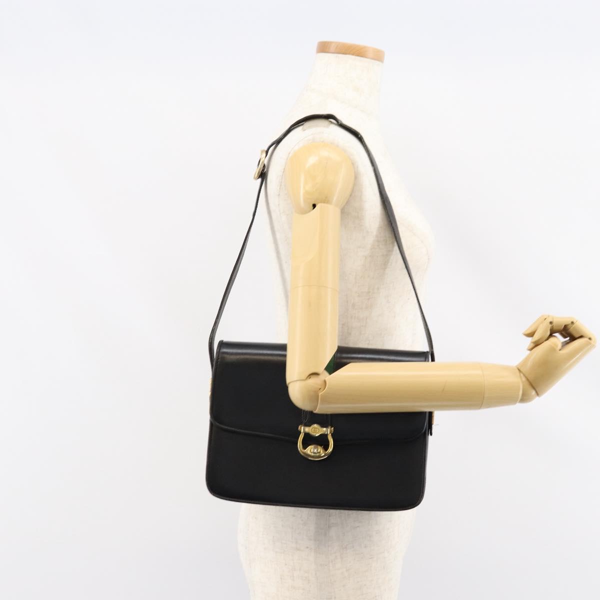 GUCCI Web Sherry Line Shoulder Bag Leather Black Gold Auth SW1764