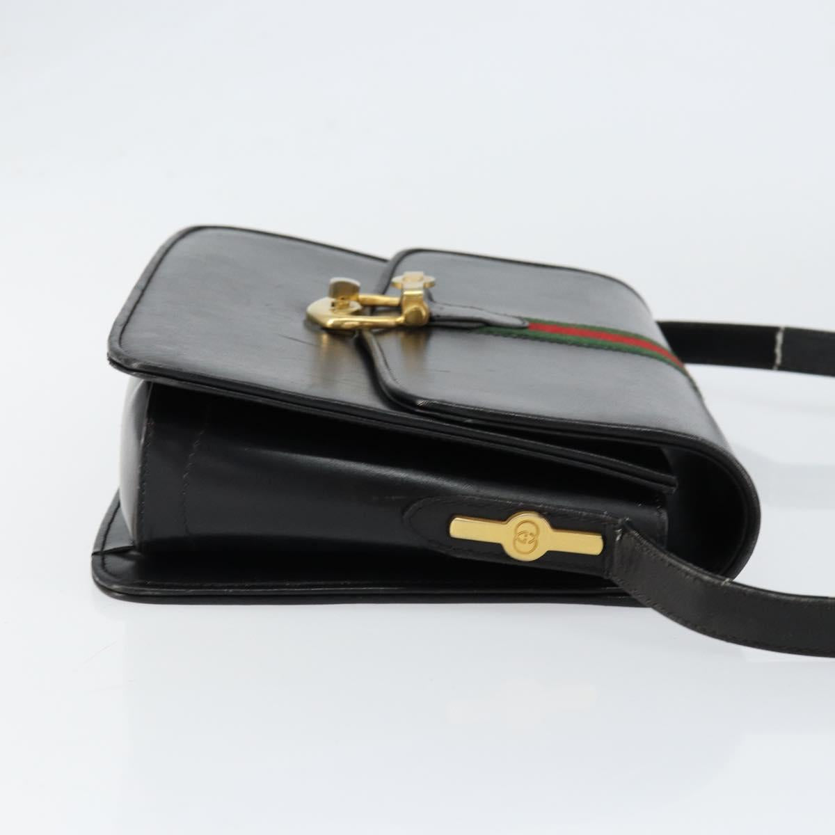 GUCCI Web Sherry Line Shoulder Bag Leather Black Gold Auth SW1764