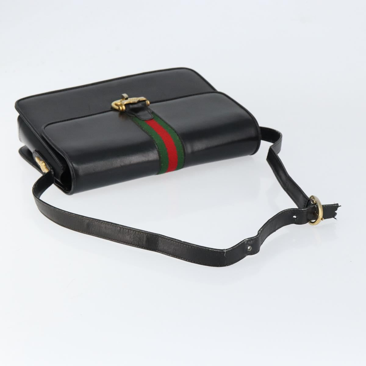 GUCCI Web Sherry Line Shoulder Bag Leather Black Gold Auth SW1764