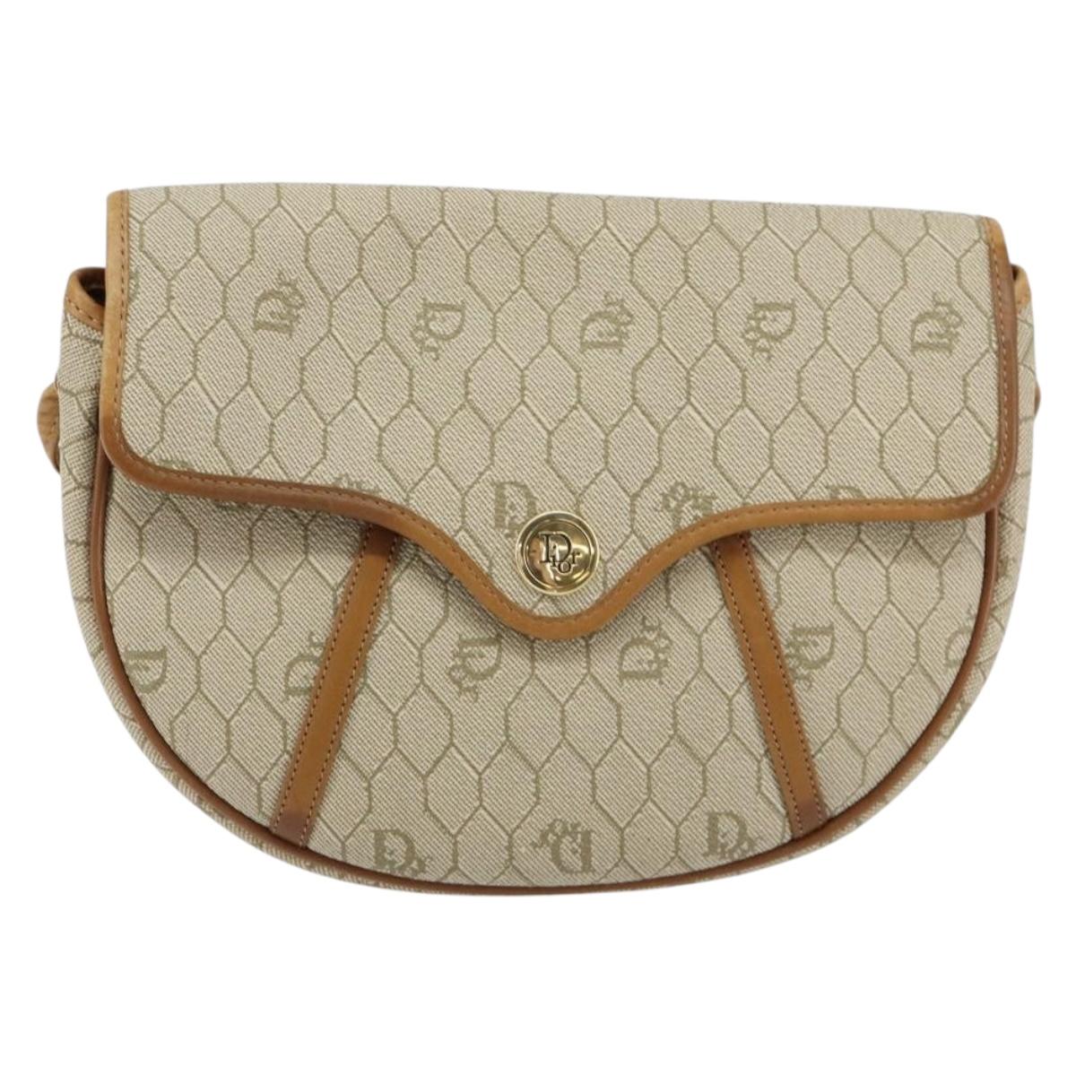 Christian Dior Honeycomb Canvas Shoulder Bag PVC Beige Gold Auth SW1766