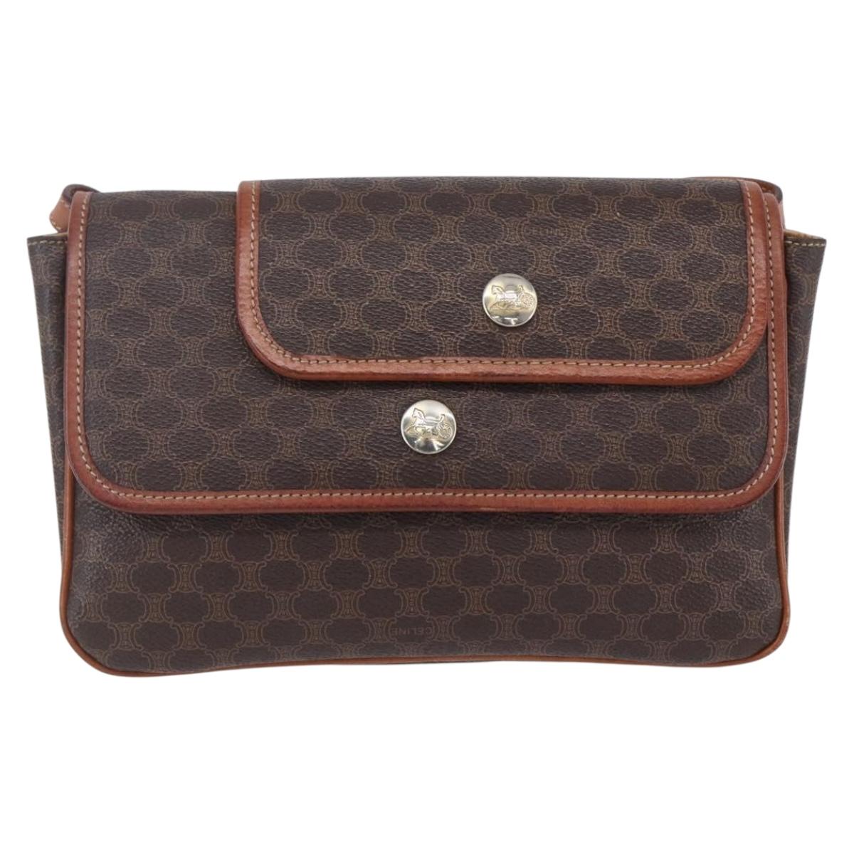 CELINE Macadam Canvas Shoulder Bag PVC Leather Brown Gold Auth SW1792