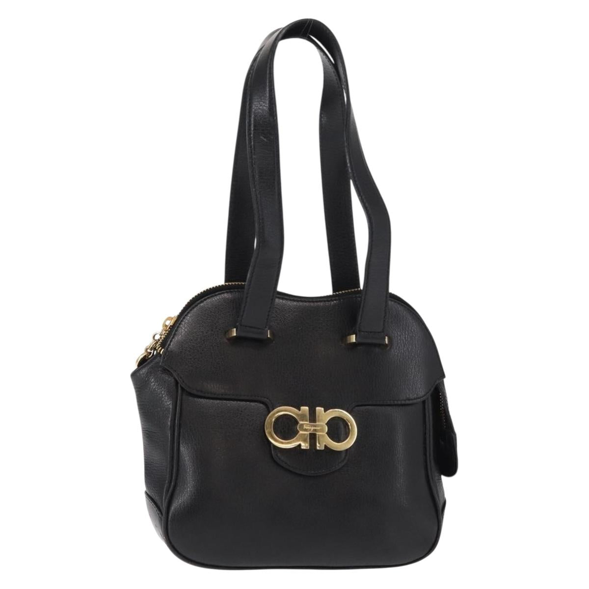 Salvatore Ferragamo Gancini Hand Bag Leather Black Gold Auth SW1799