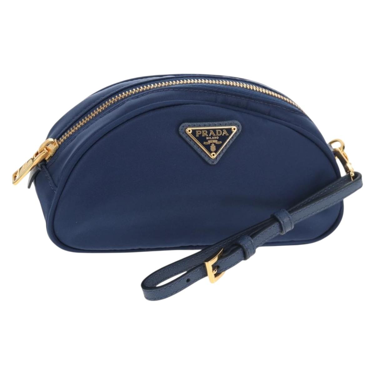 PRADA Clutch Bag Nylon Blue Gold Auth SW1822V