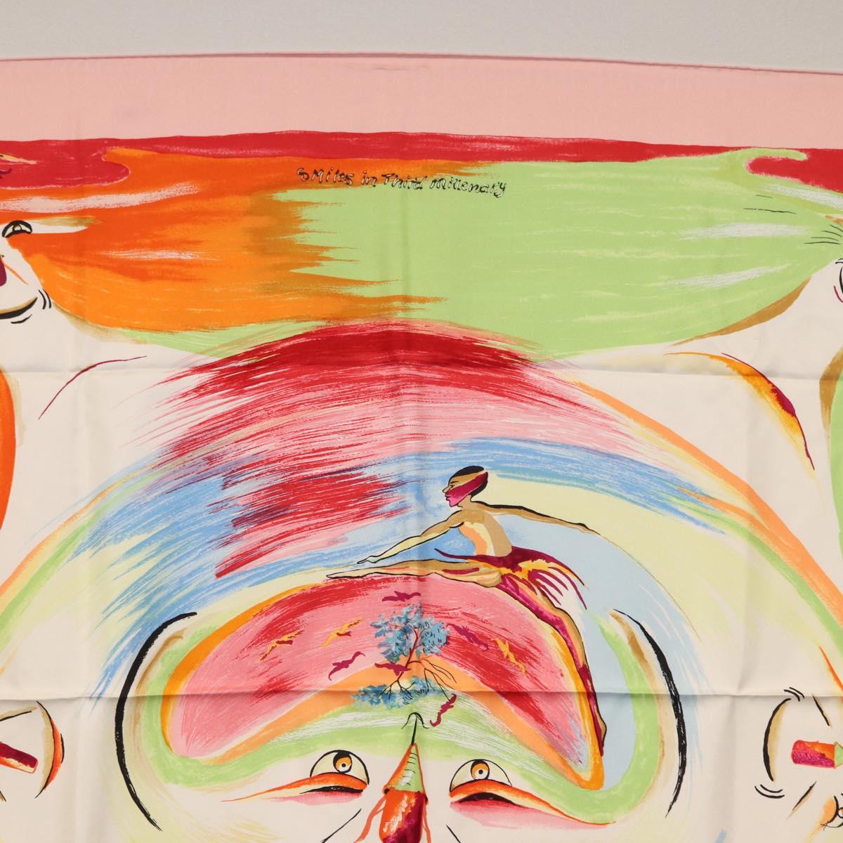 HERMES Carre 90 Scarf ""Smiles in Third millenary"" Silk Pink Auth SW1826M