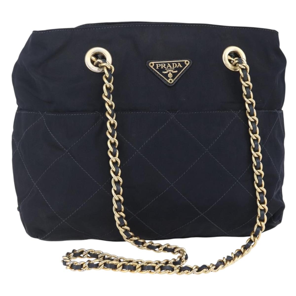 PRADA Chain Shoulder Bag Nylon Navy Gold Auth SW1835