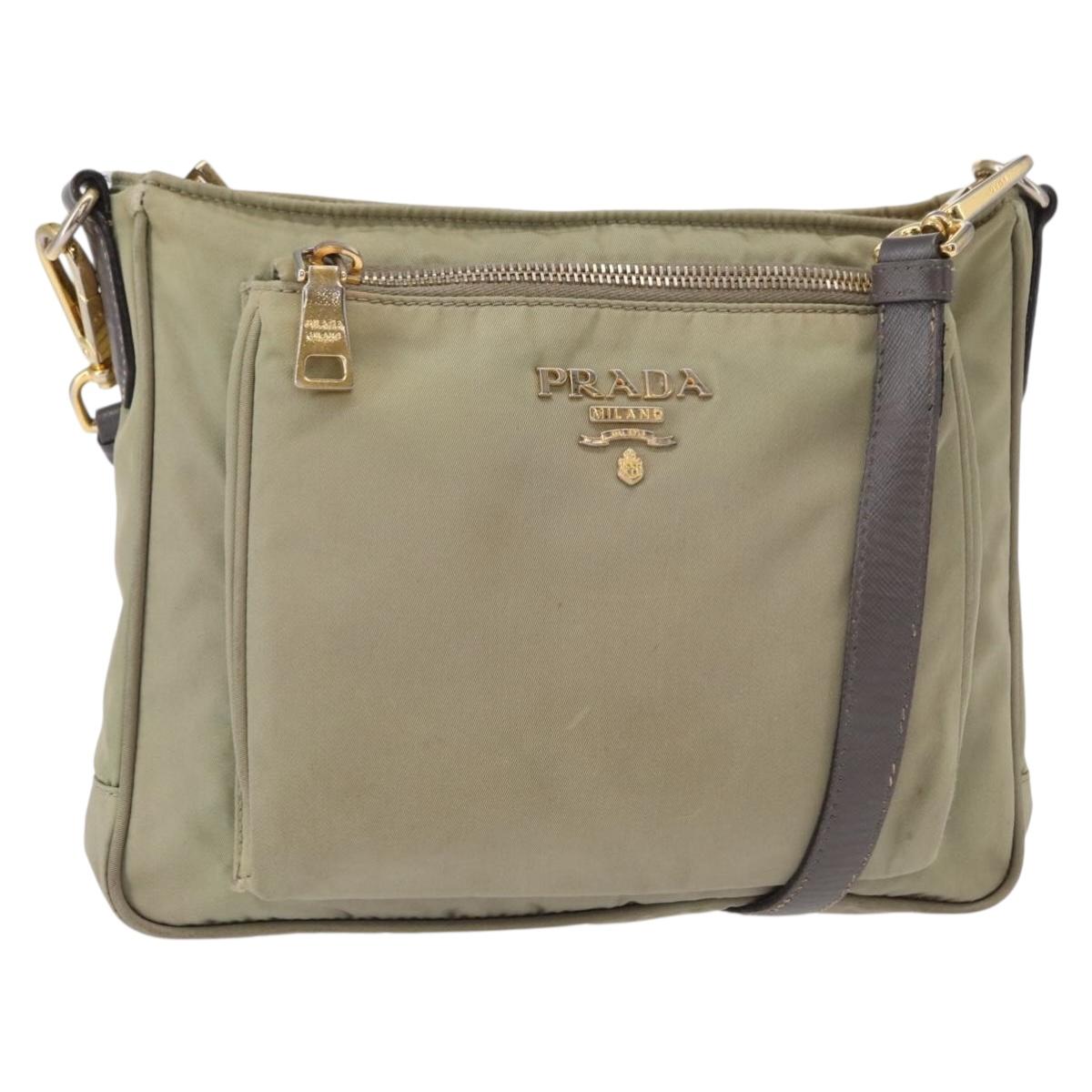PRADA Shoulder Bag Nylon Leather Beige Gold Auth SW1841