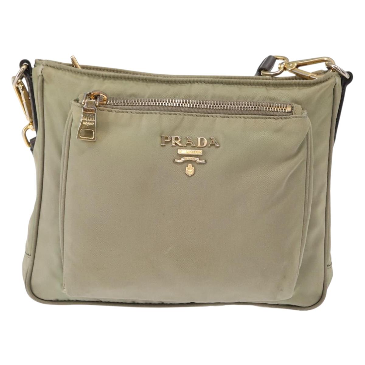 PRADA Shoulder Bag Nylon Leather Beige Gold Auth SW1841
