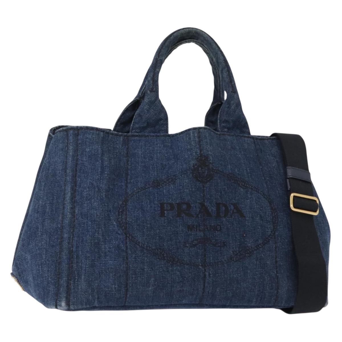 PRADA Canapa MM Hand Bag Denim 2way Blue Gold Auth SW1842
