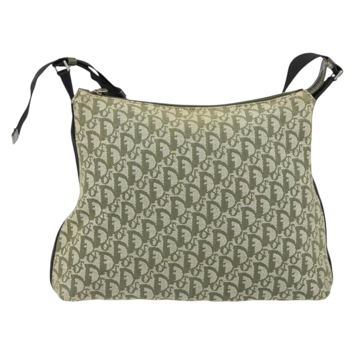 Christian Dior Trotter Canvas Shoulder Bag Green Silver Auth SW1847