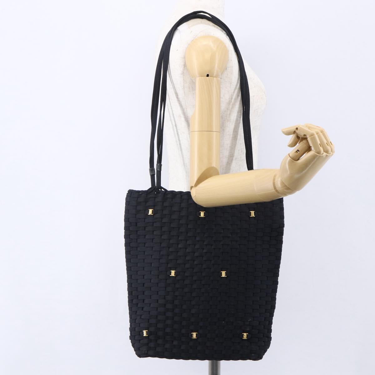 Salvatore Ferragamo Vala Shoulder Bag Nylon Black Gold Auth SW1849