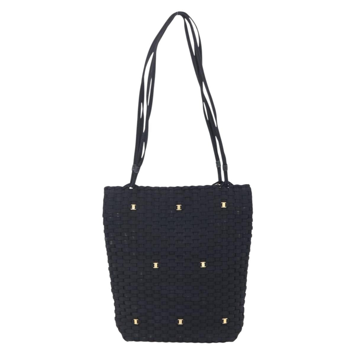 Salvatore Ferragamo Vala Shoulder Bag Nylon Black Gold Auth SW1849