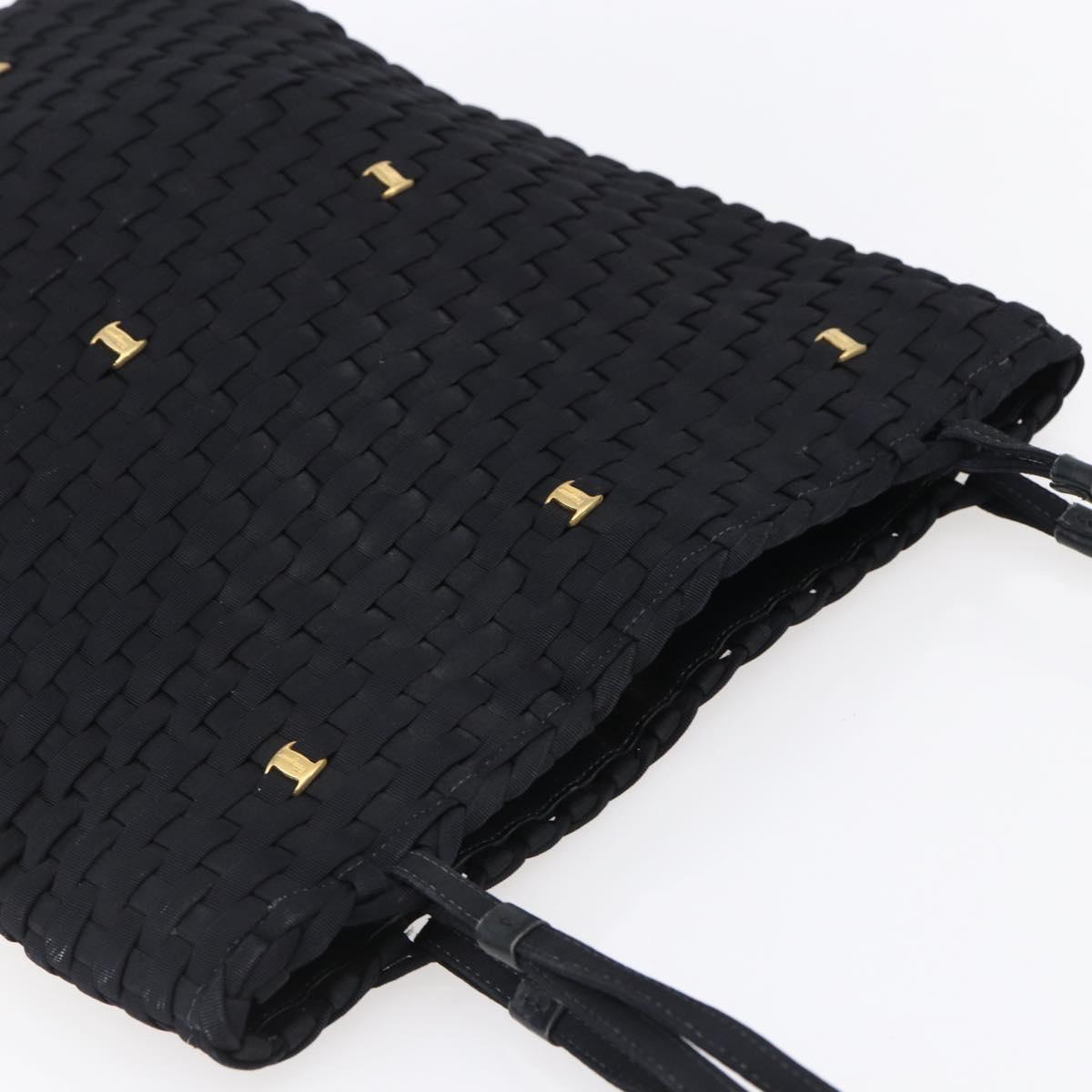 Salvatore Ferragamo Vala Shoulder Bag Nylon Black Gold Auth SW1849