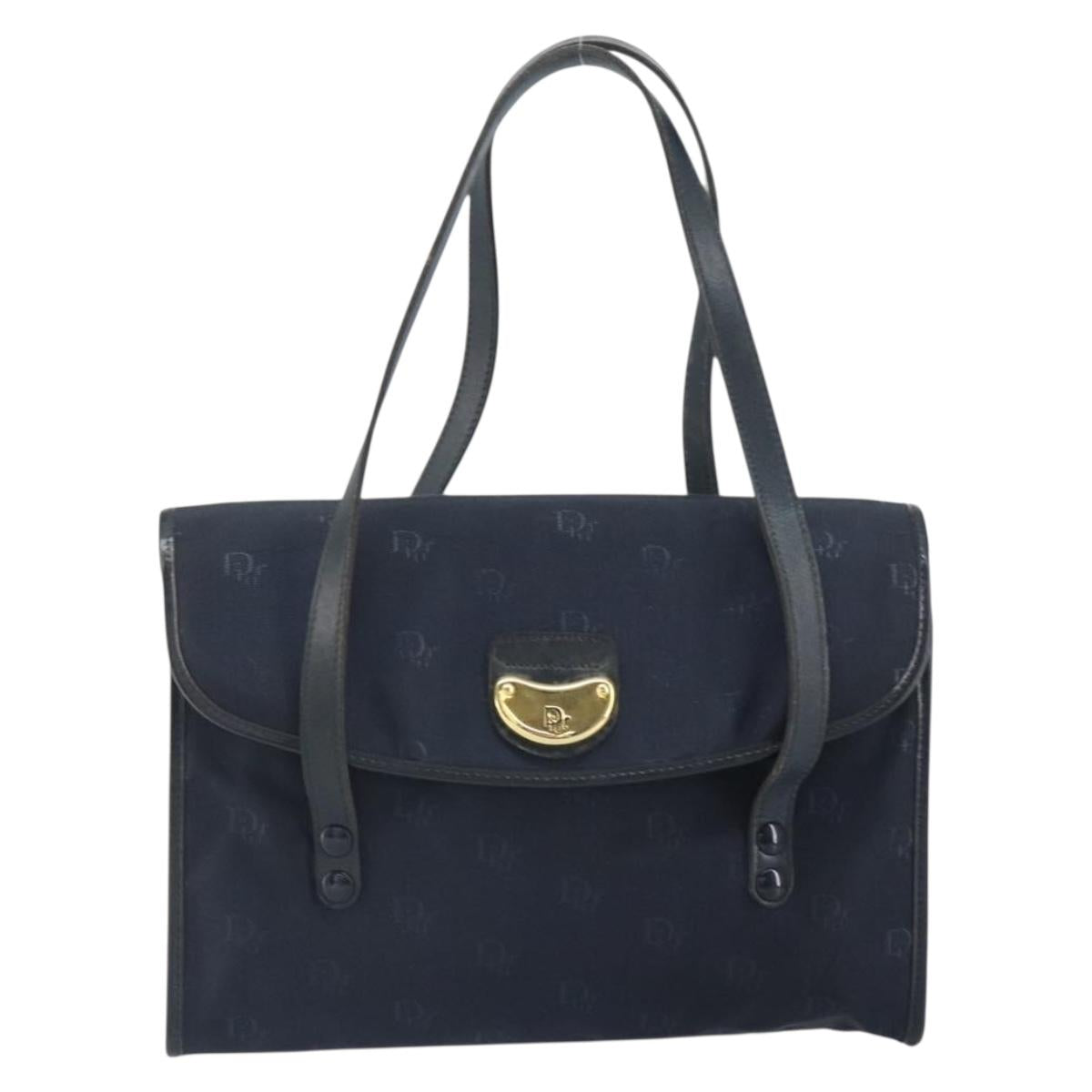 Christian Dior Honeycomb Canvas Hand Bag Nylon Gold Navy Auth SW1863