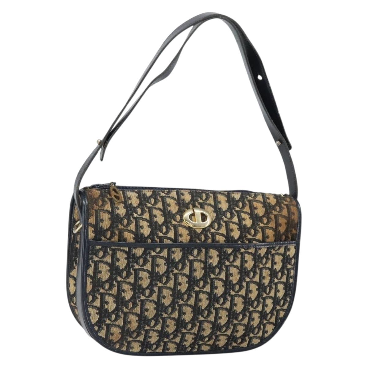 Christian Dior Trotter Canvas Shoulder Bag Navy Gold Auth SW1865