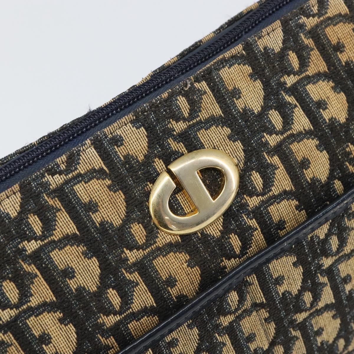 Christian Dior Trotter Canvas Shoulder Bag Navy Gold Auth SW1865