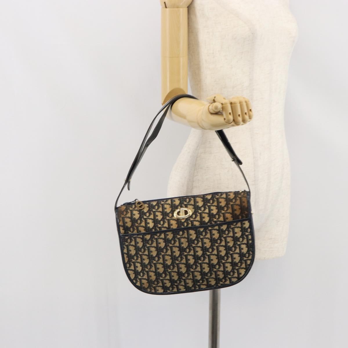 Christian Dior Trotter Canvas Shoulder Bag Navy Gold Auth SW1865