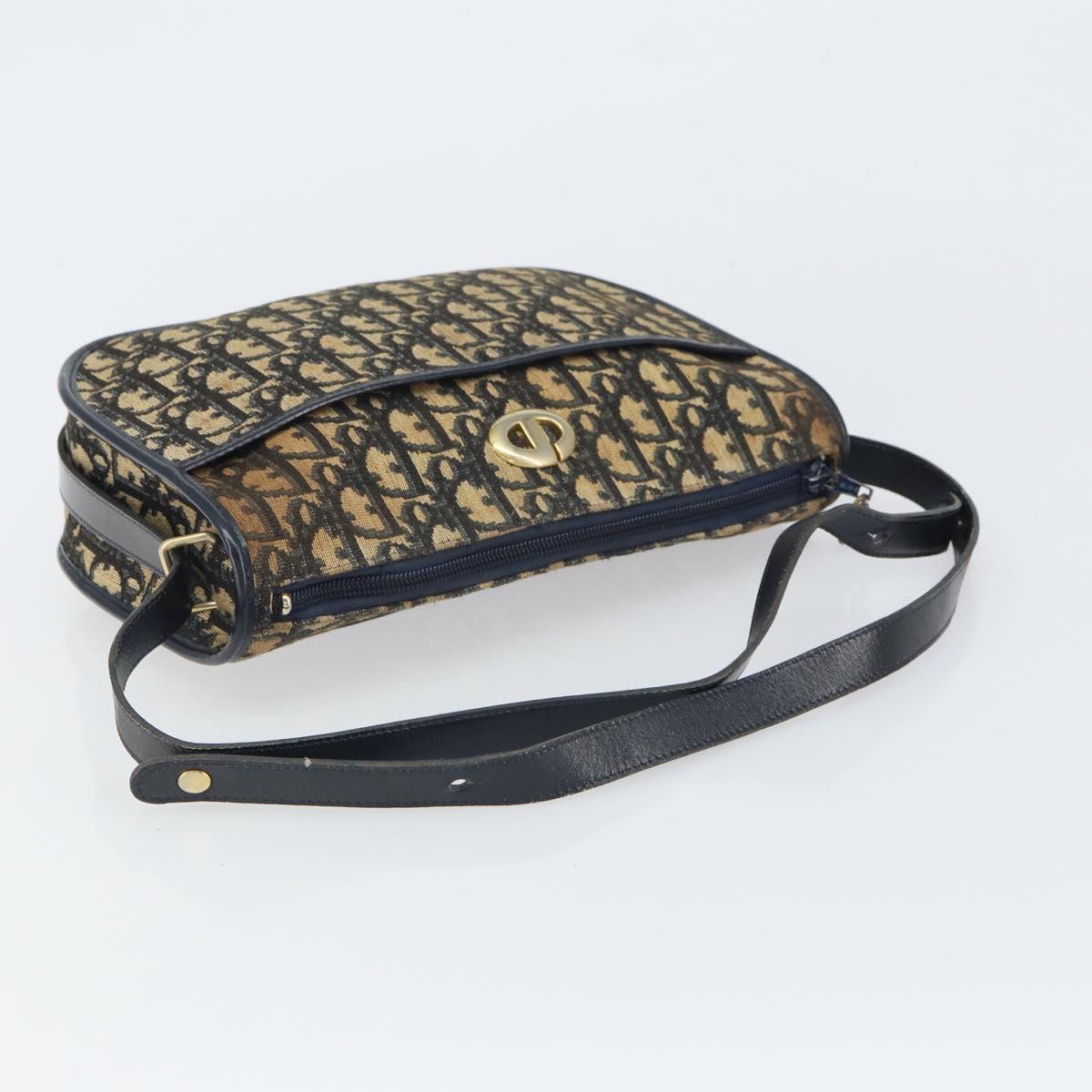 Christian Dior Trotter Canvas Shoulder Bag Navy Gold Auth SW1865