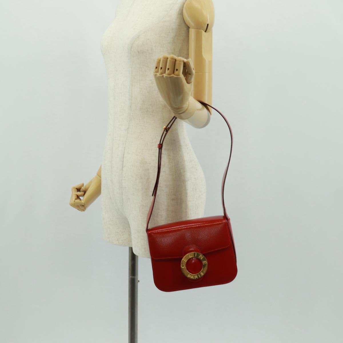CELINE Circle Shoulder Bag Leather Red Gold Auth SW1866V