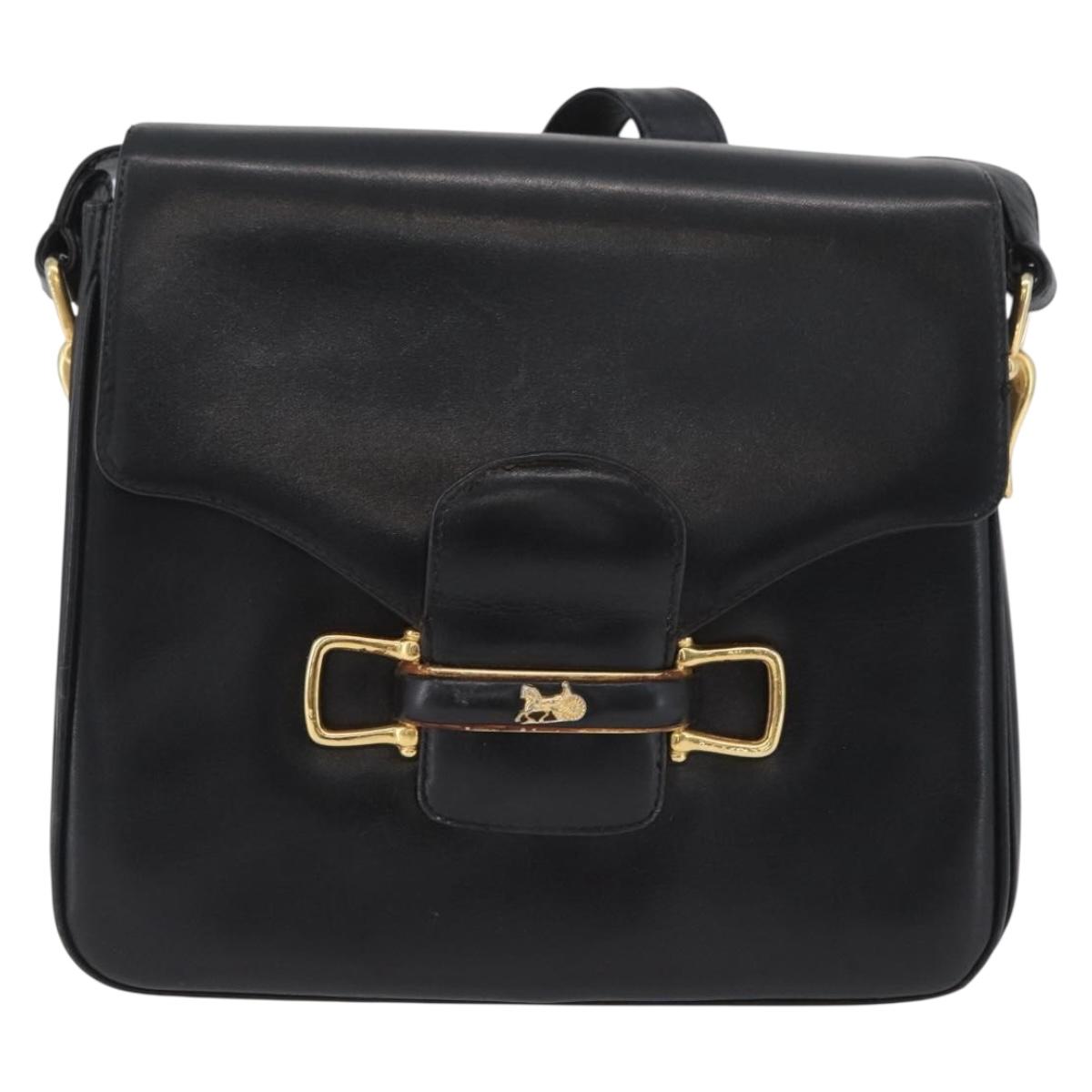 CELINE Horse Carriage Shoulder Bag Leather Black Gold Auth SW1908