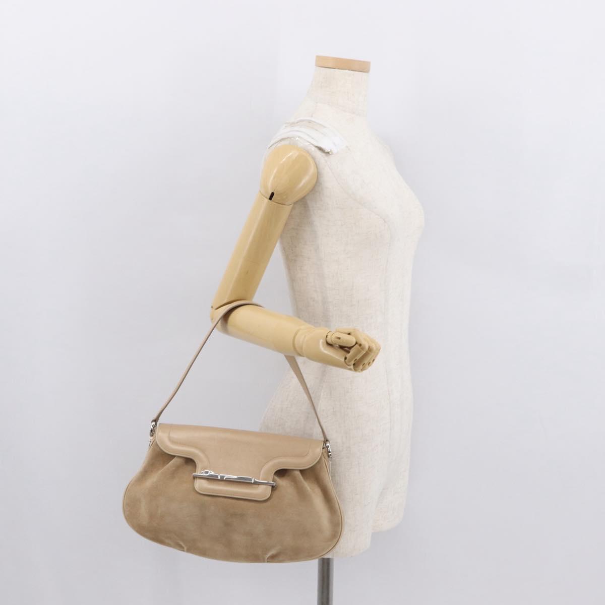 CARTIER Shoulder Bag Suede Beige Silver Auth SW1932