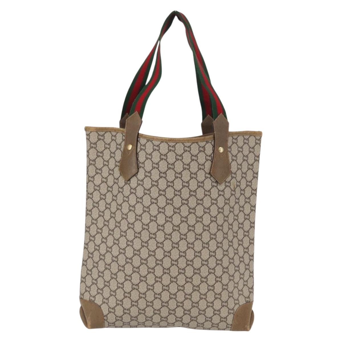 GUCCI GG Plus Supreme Web Sherry Line Tote Bag PVC Beige Gold Auth SW1936