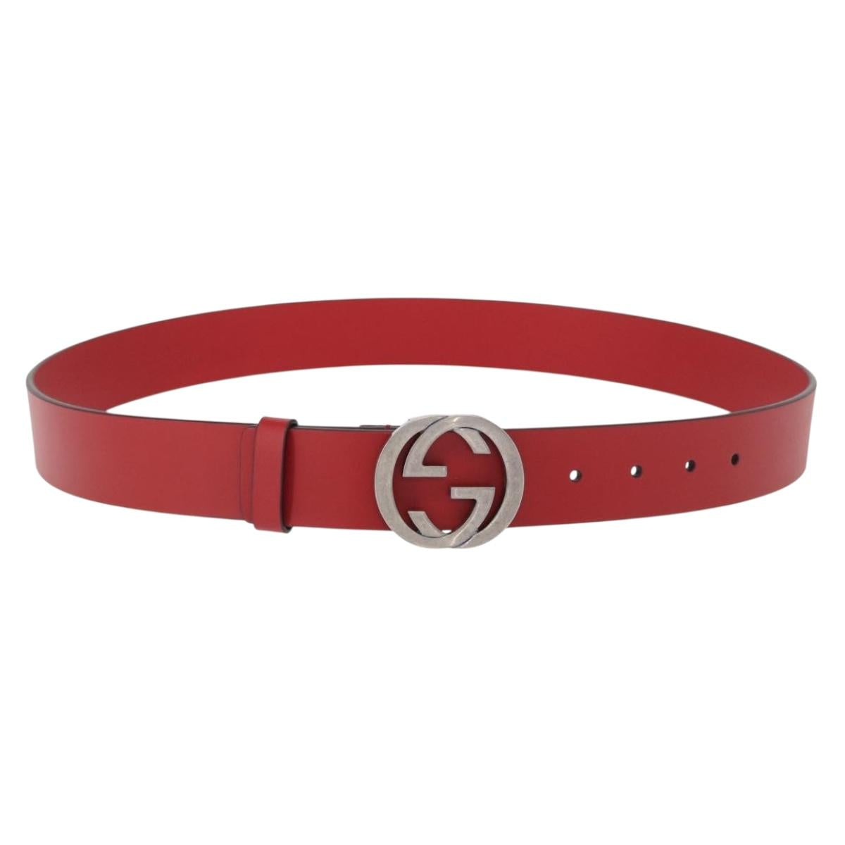 GUCCI Interlocking G Belt Leather 42.9"" Red Silver 546389 Auth SW1972V