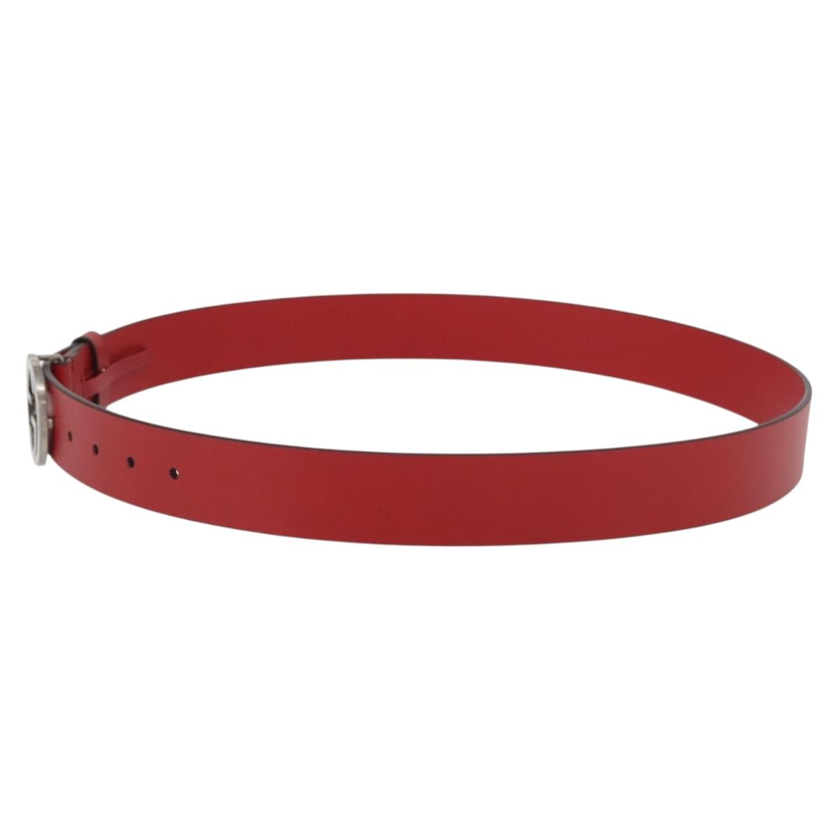GUCCI Interlocking G Belt Leather 42.9"" Red Silver 546389 Auth SW1972V