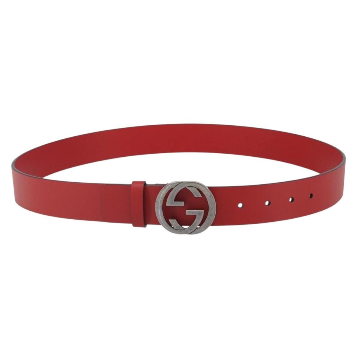 GUCCI Interlocking G Belt Leather 42.9"" Red Silver 546389 Auth SW1973V