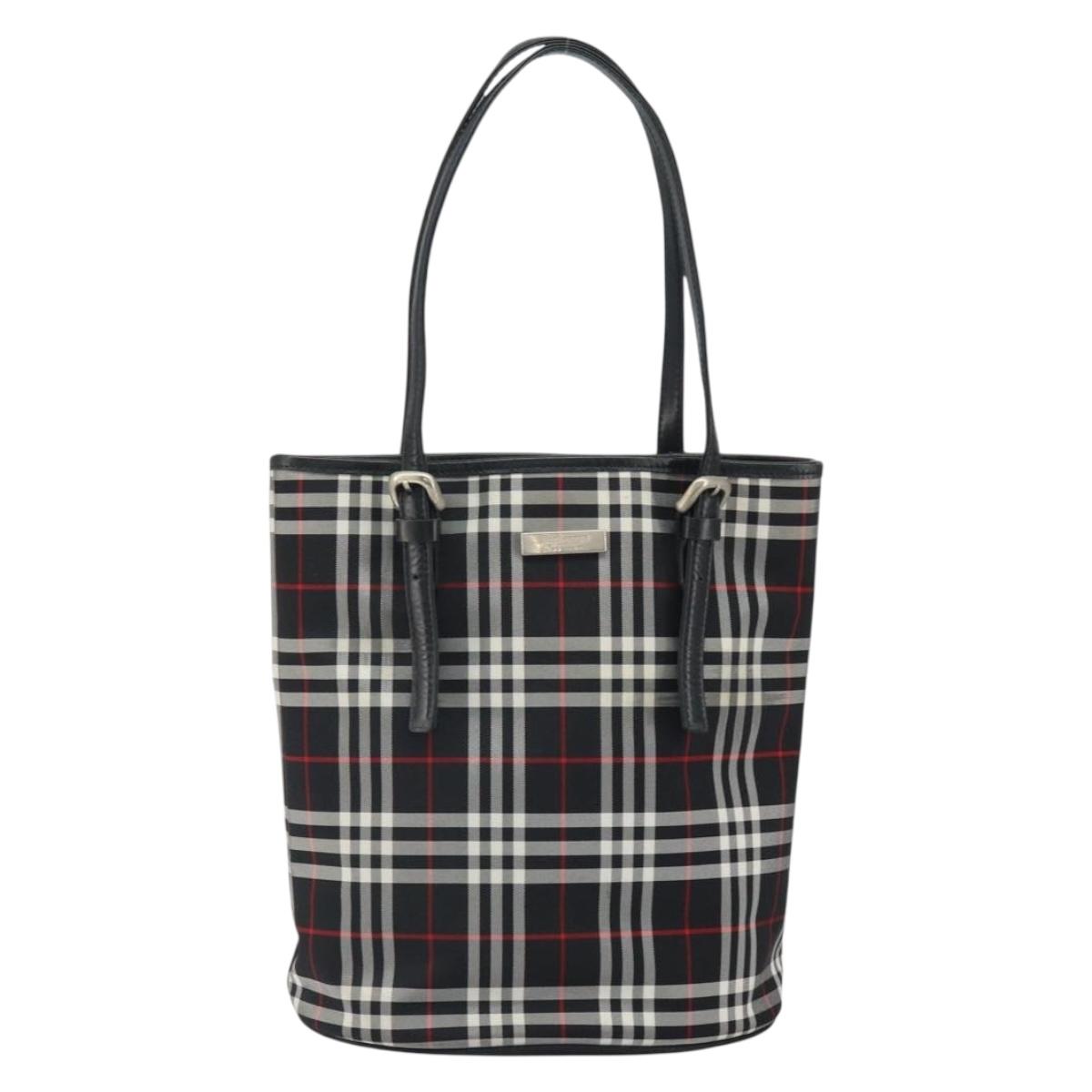 Burberrys Nova Check Blue Label Tote Bag Nylon Black Silver Auth SW2032