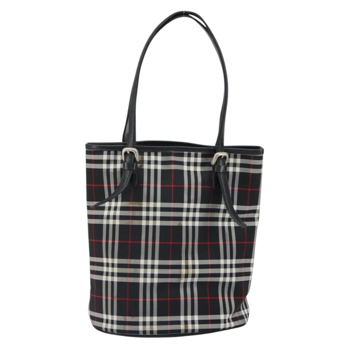 Burberrys Nova Check Blue Label Tote Bag Nylon Black Silver Auth SW2032
