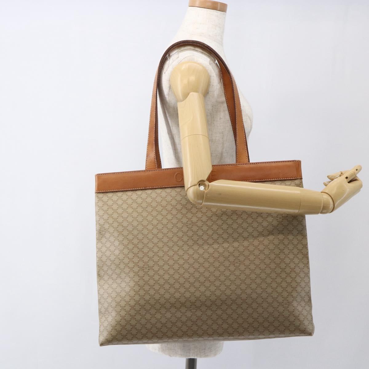 CELINE Macadam Canvas Tote Bag PVC Beige Gold Auth SW2038