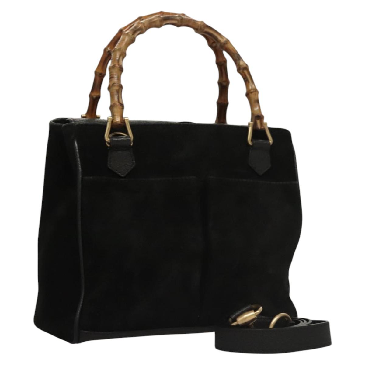GUCCI Bamboo Hand Bag Suede 2way Black Gold 000 122 0316 Auth sw204