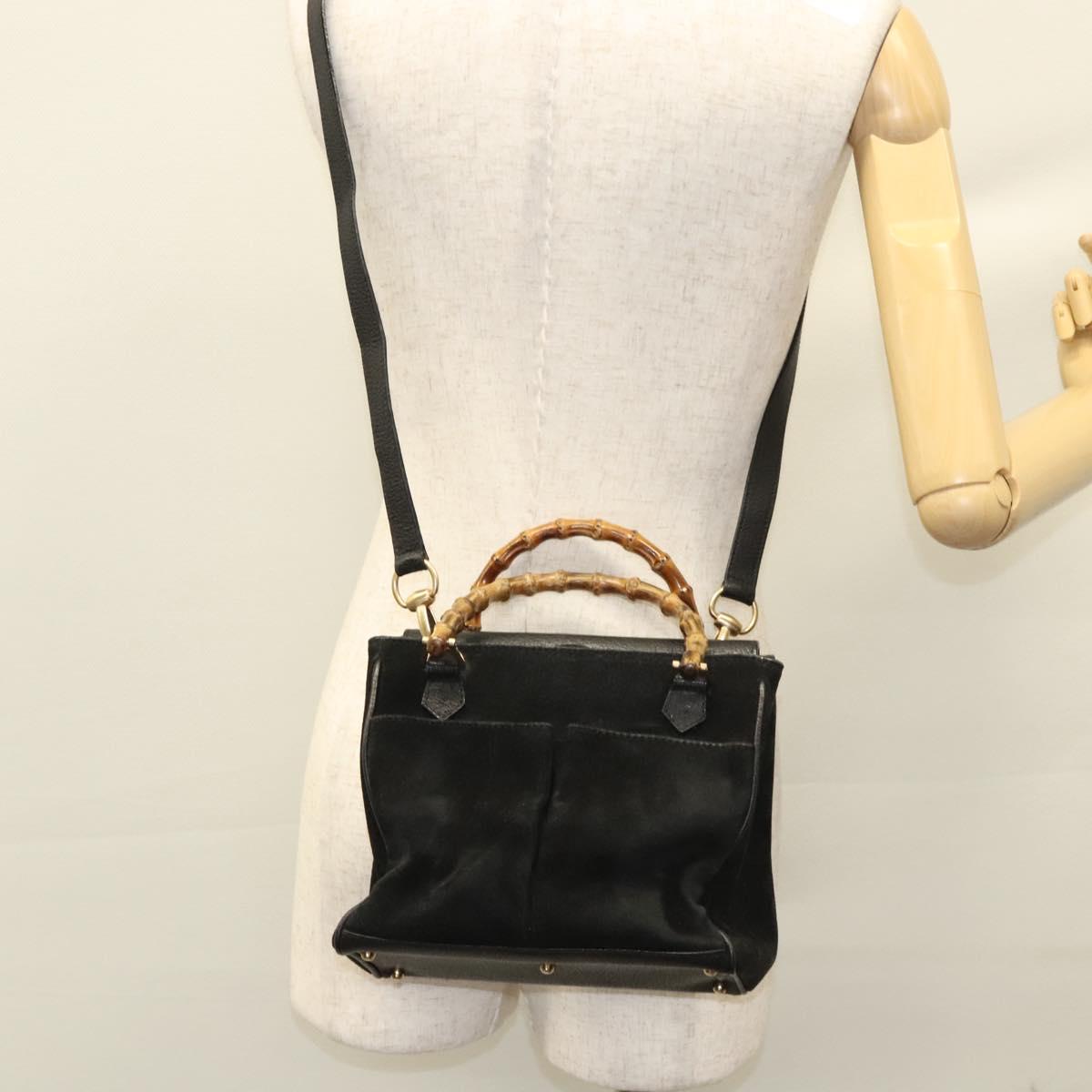 GUCCI Bamboo Hand Bag Suede 2way Black Gold 000 122 0316 Auth sw204