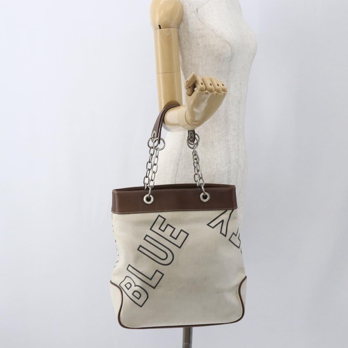 BURBERRY Blue Label Chain Tote Bag Canvas Beige Silver Auth SW2047