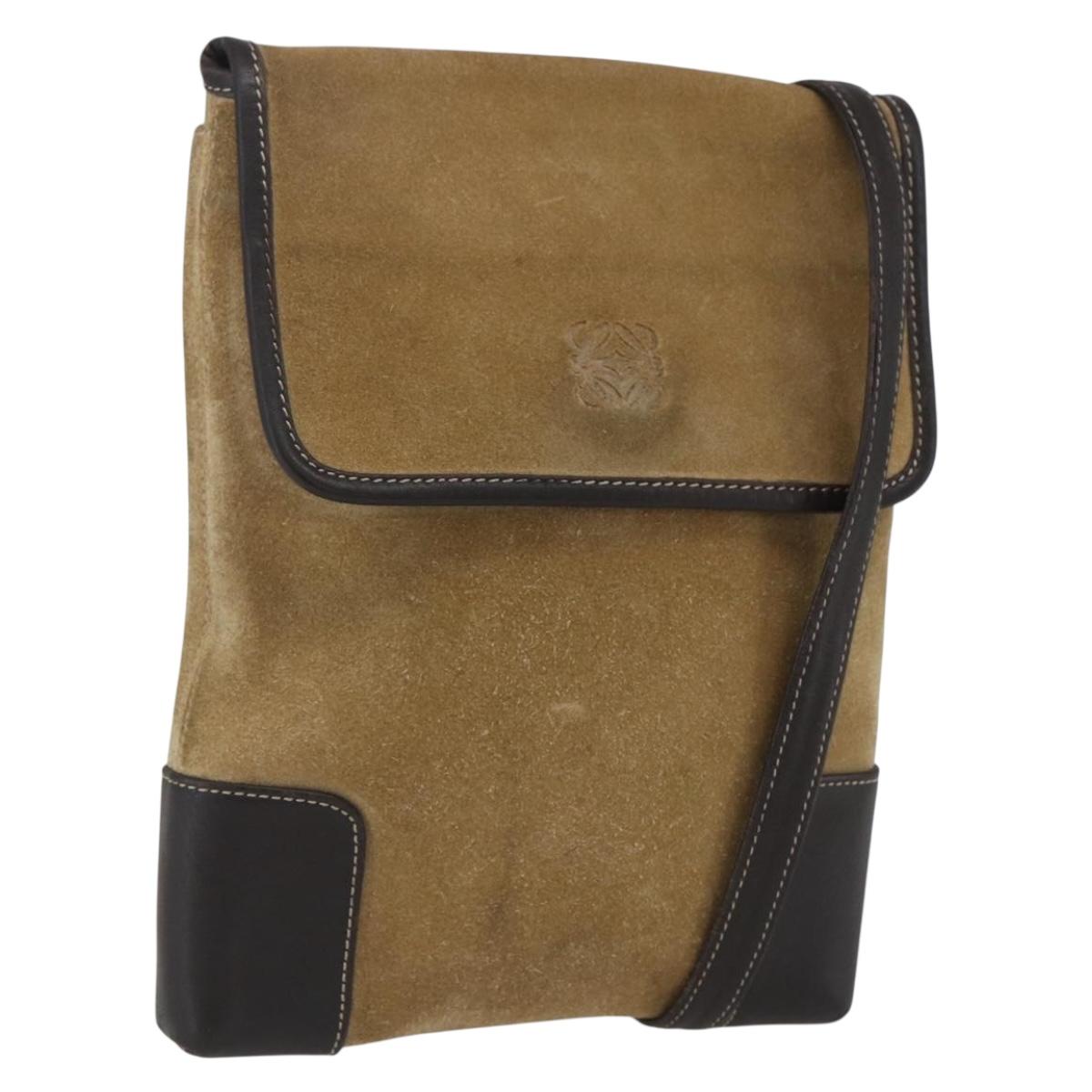 LOEWE Anagram Shoulder Bag Suede Beige Gold Auth SW2050