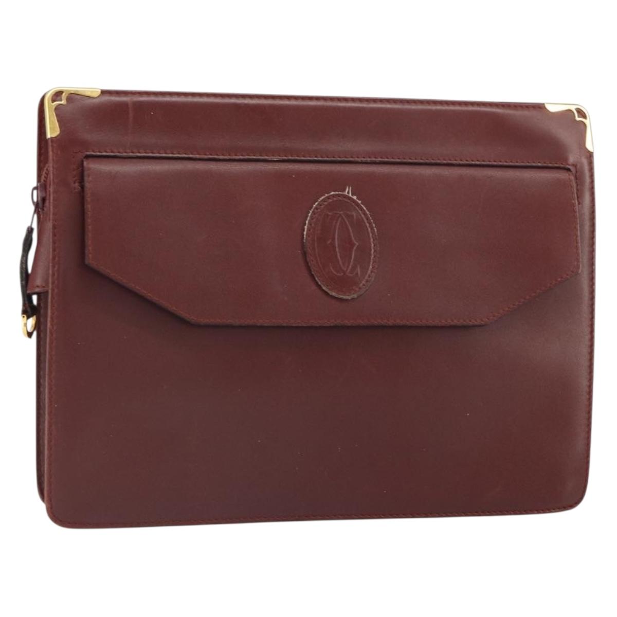 CARTIER Clutch Bag Leather Bordeaux Gold Auth SW2053