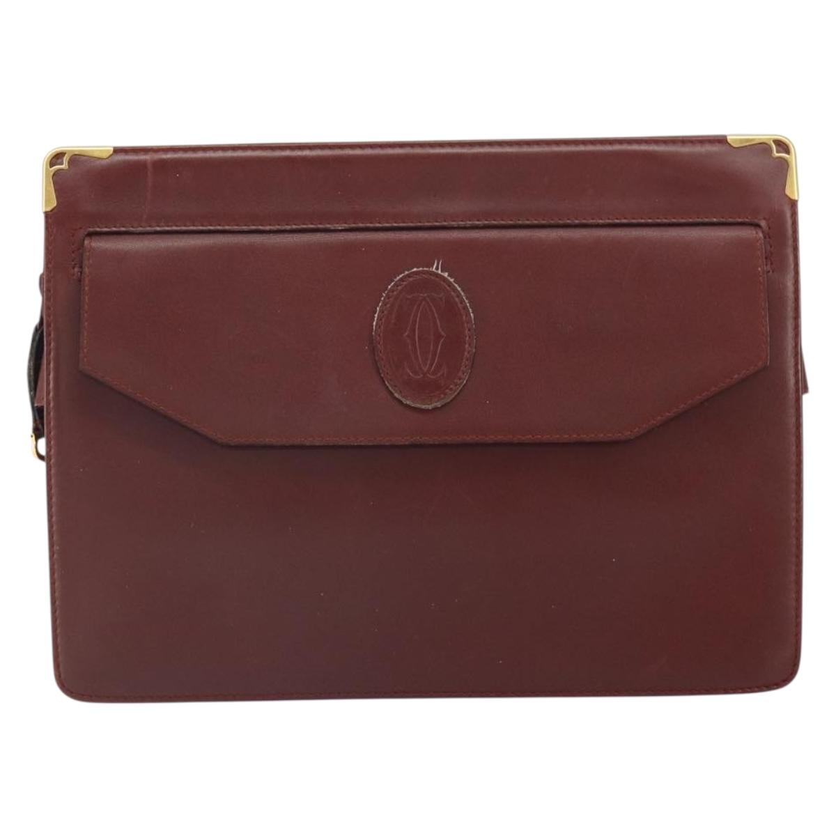 CARTIER Clutch Bag Leather Bordeaux Gold Auth SW2053