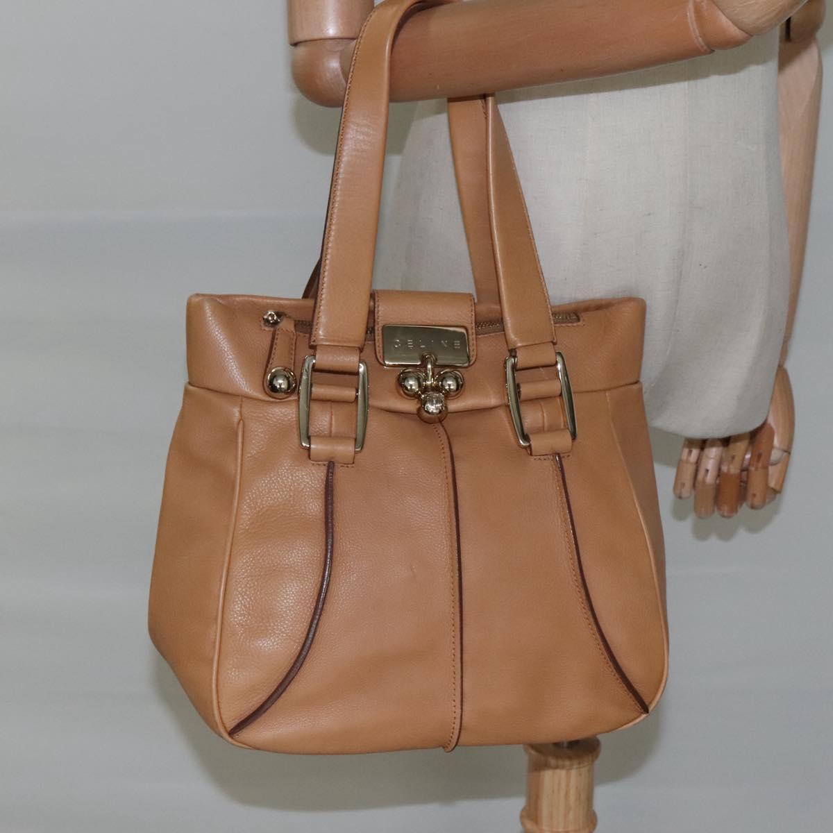 CELINE Hand Bag Leather Beige Gold Auth sw206