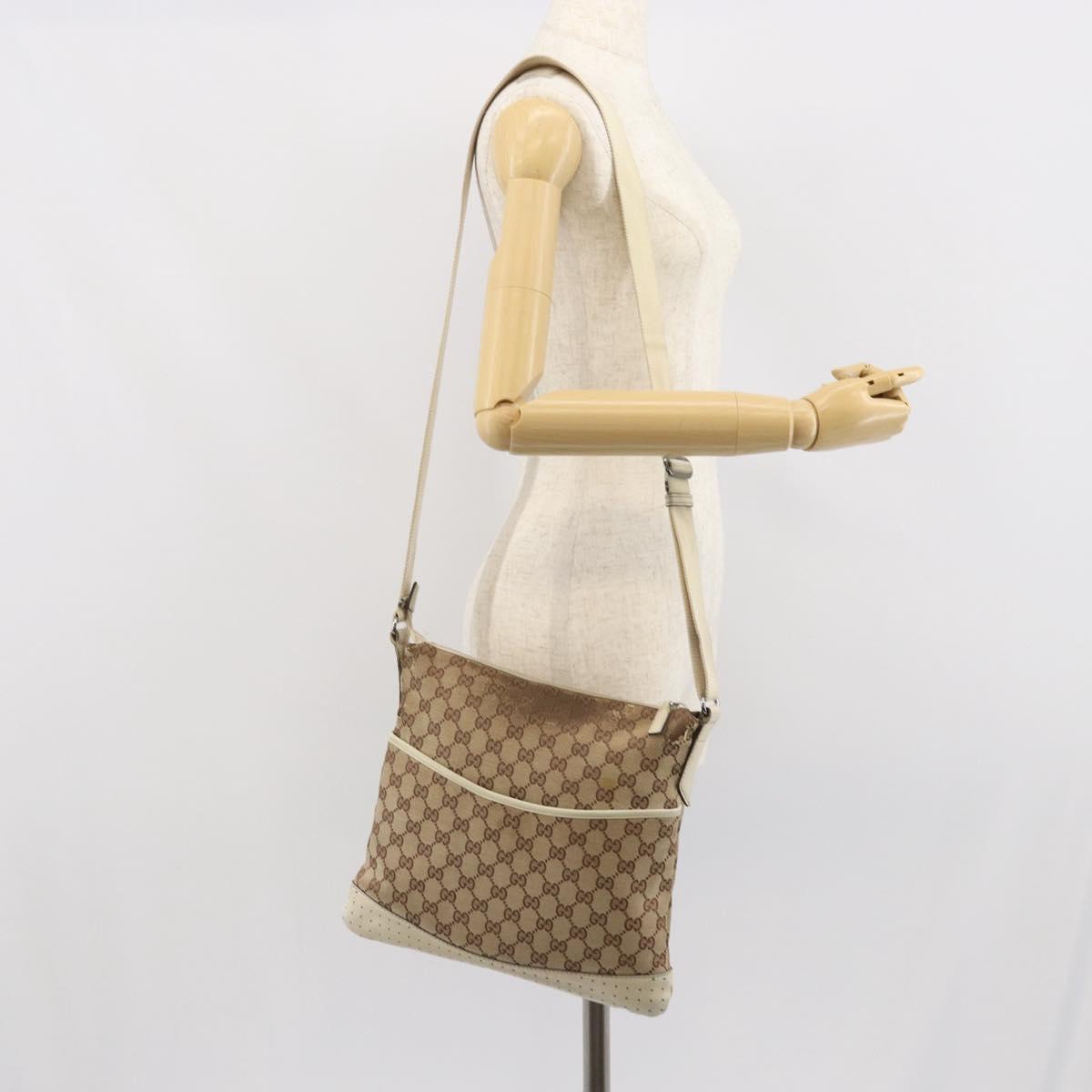 GUCCI GG Canvas Shoulder Bag Beige Silver 145857 Auth SW2063