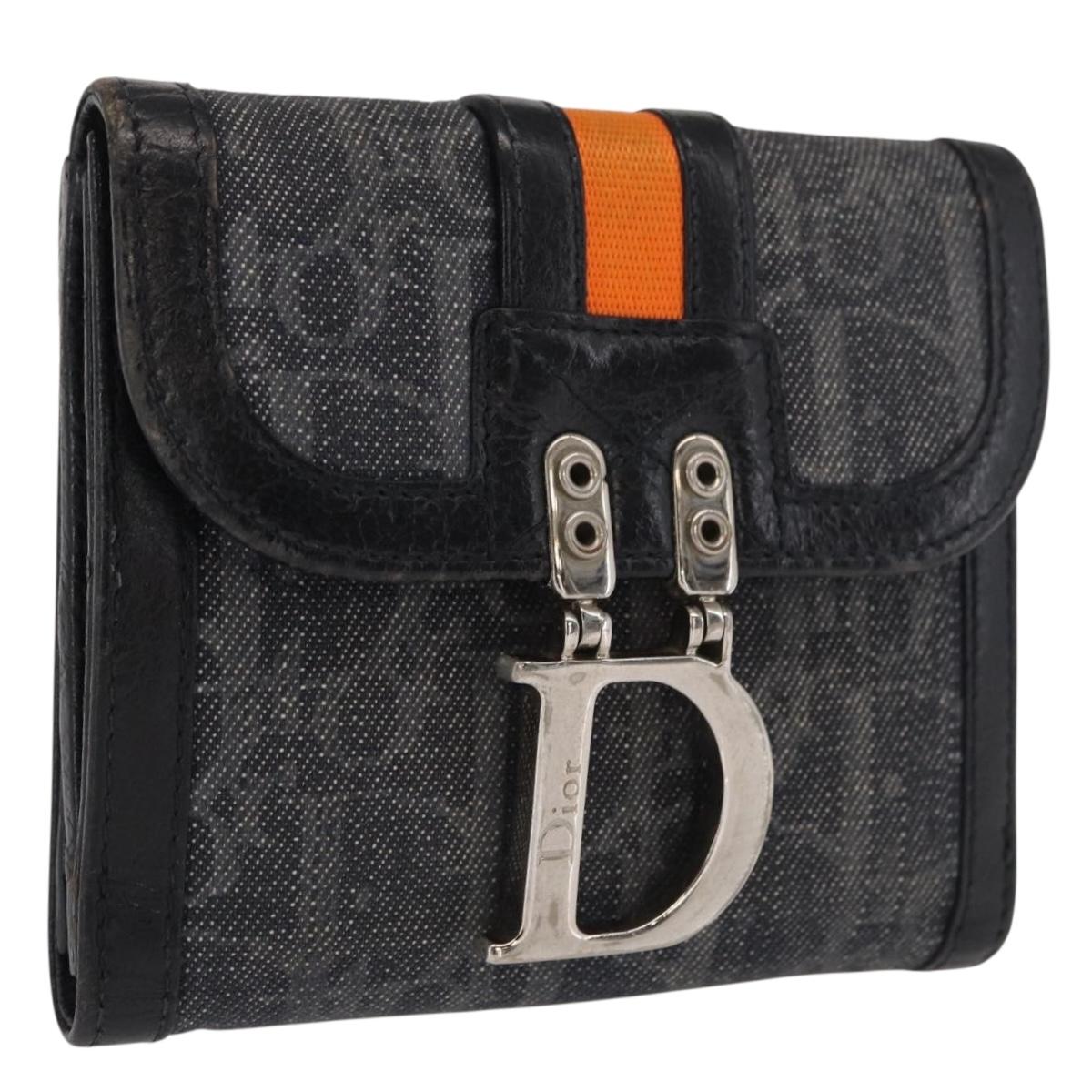 Christian Dior Trotter Canvas Trifold Wallet Black Silver Auth SW2098