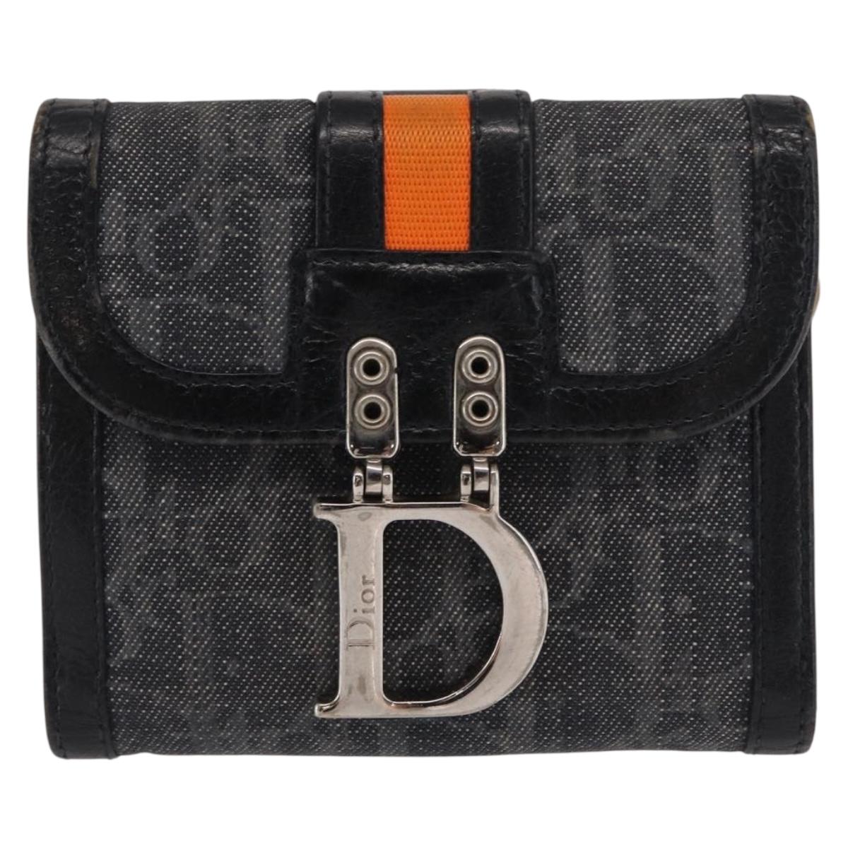 Christian Dior Trotter Canvas Trifold Wallet Black Silver Auth SW2098