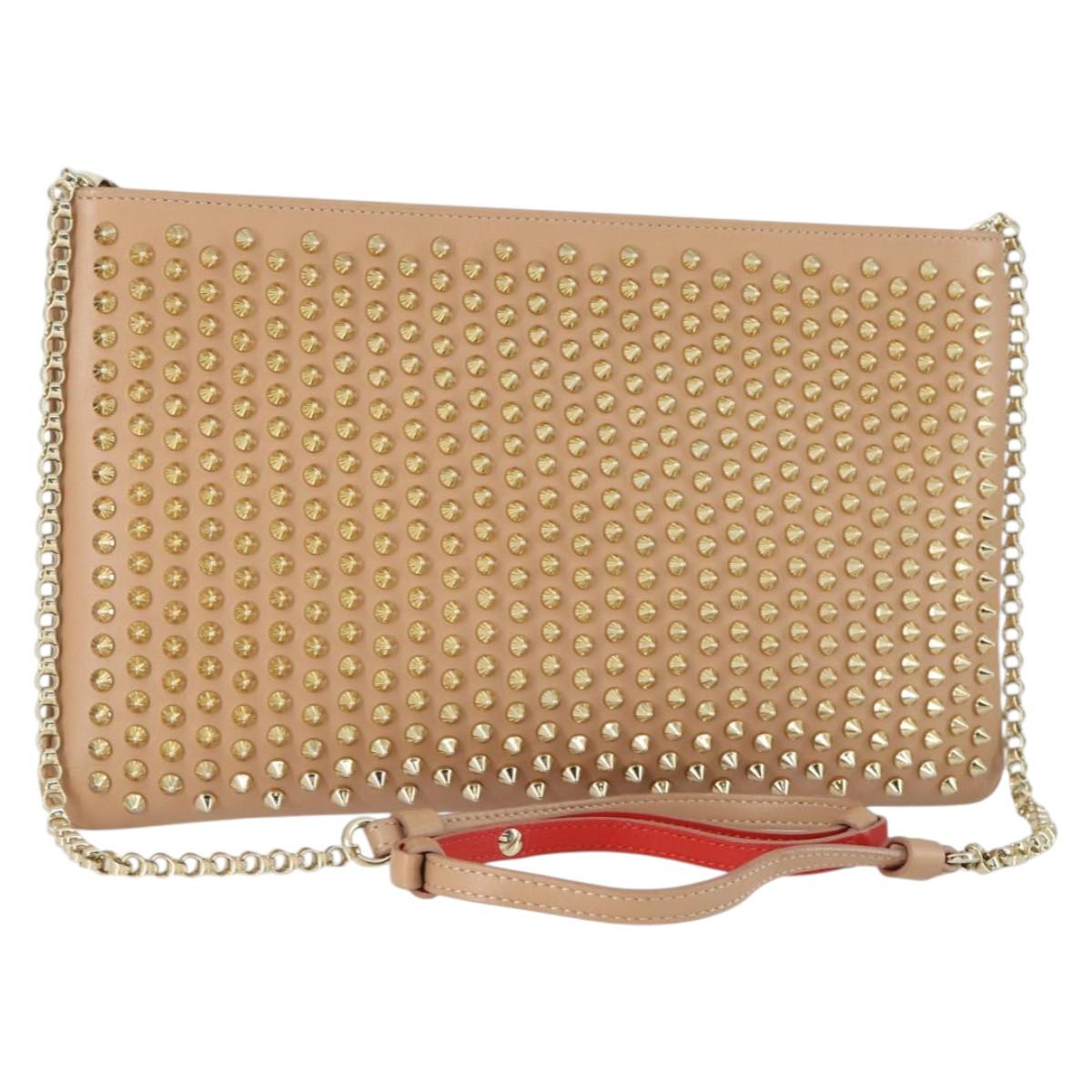 Christian Louboutin Chain Shoulder Bag Leather Beige Gold Auth SW2107V